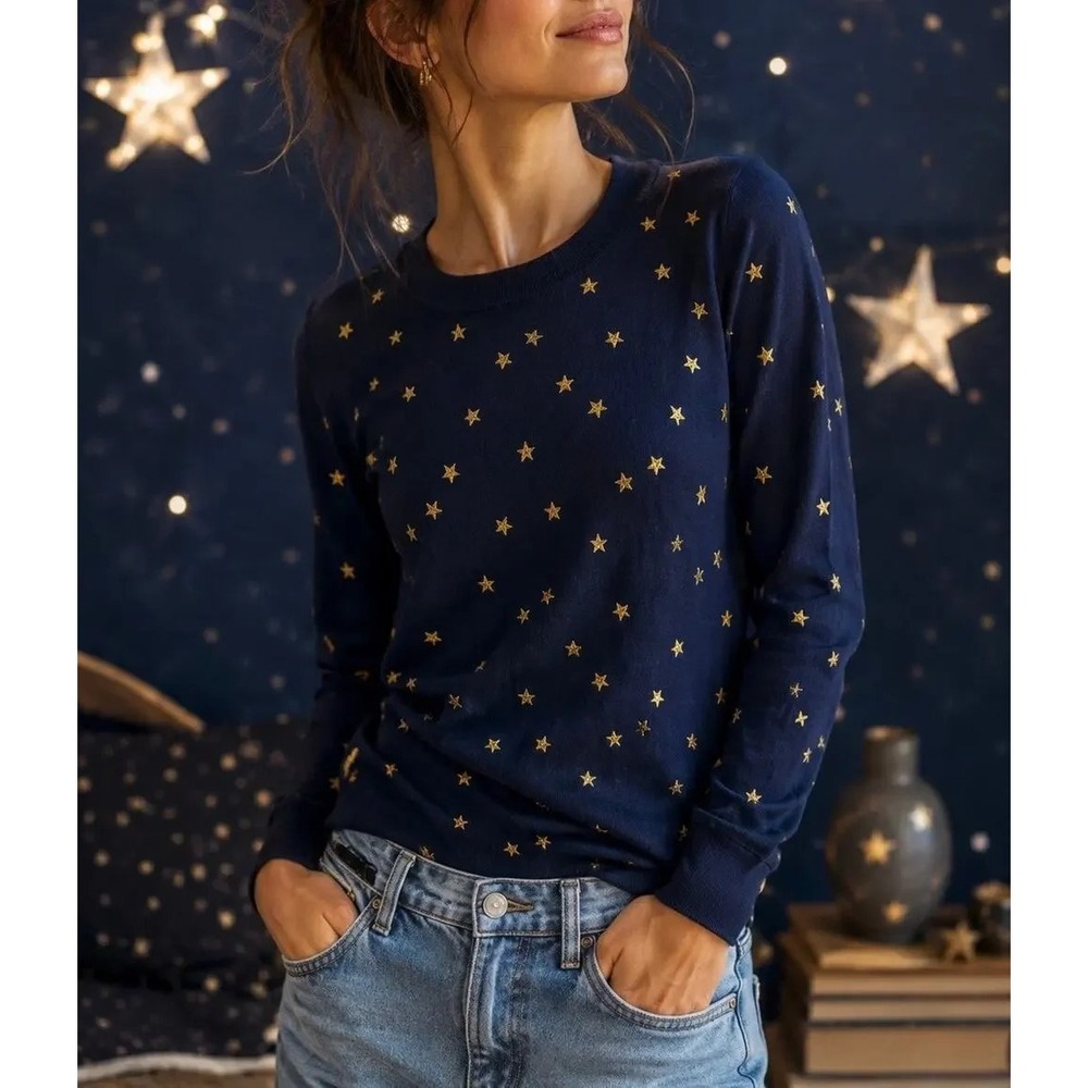 J. Crew Tippi sweater In Embroidered Stars Navy Gold Merino Wool- Women's Small